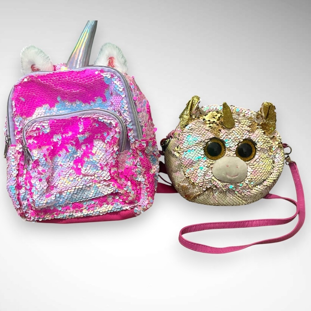 CAT & JACK Sequin Unicorn Backpack and TY Fashion Fantasia Sequin Unicorn Purse